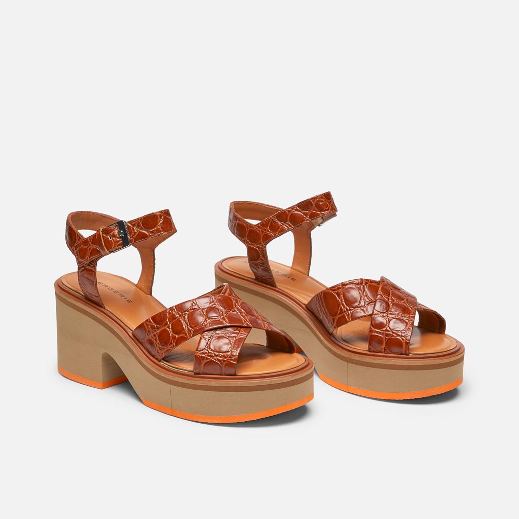 Charline Sandals, Longan Brown Croco Calfskin